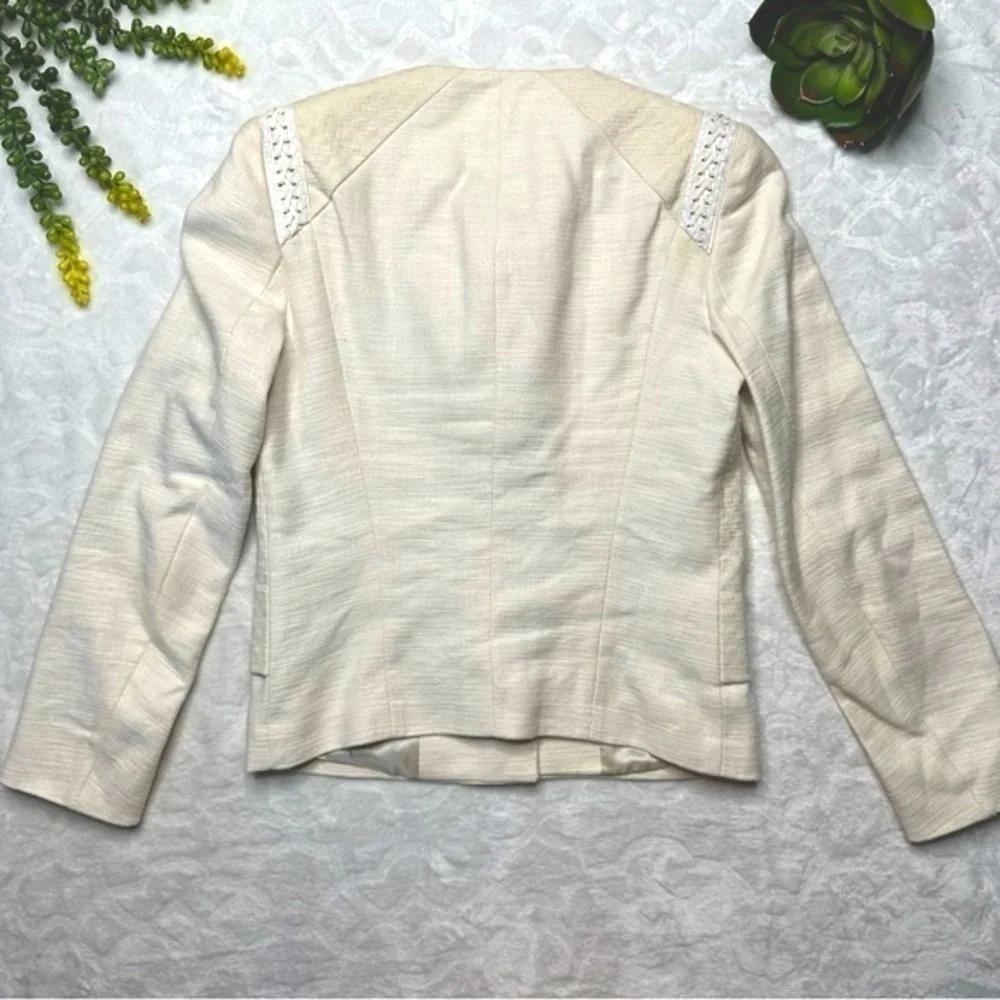 Maje Linen Blend Moto Jacket Blazer With Braided Faux Leather Shoulders in Cream